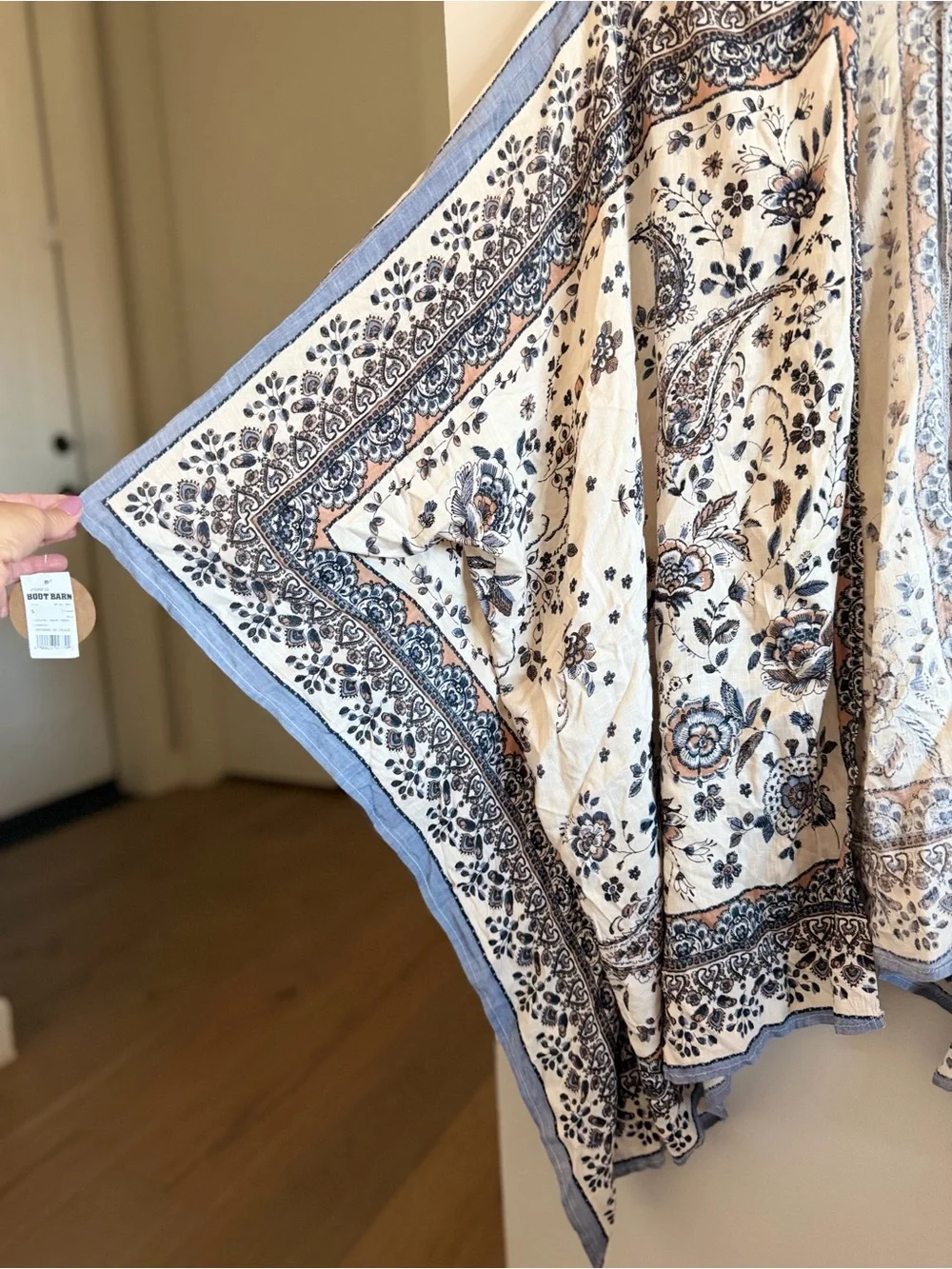 Patrons of Peace Boho Floral Kimono in Cream and Blue, Small